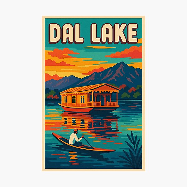 Item preview, Dal Lake Retro Poster | Digital Pop Art Travel Print | Kashmir Scenic Lake Wall Art | Colorful Vintage-Style Travel Decor | Iconic India Landscape Art designed and sold by PaintedPixels01.