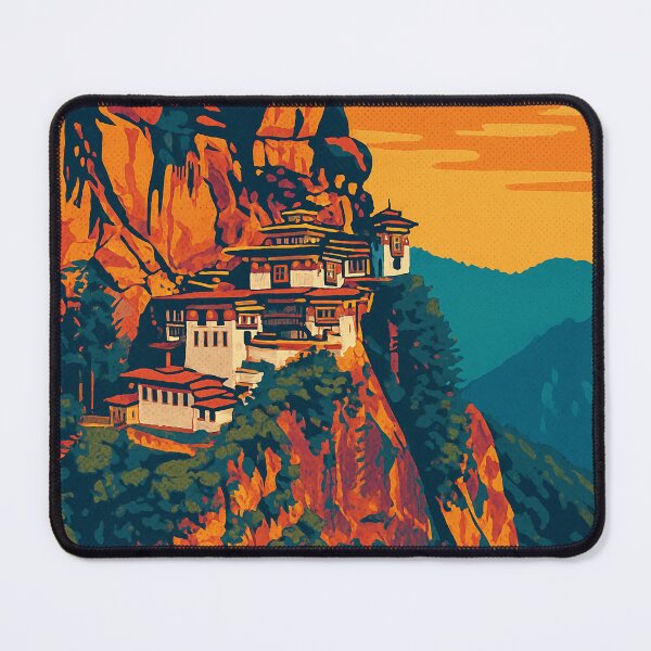 Item preview, Tiger’s Nest Bhutan Travel Poster | Digital Retro Pop Art Landscape | Colorful Himalayan Temple Illustration | Vintage Travel-Inspired Wall Art designed and sold by PaintedPixels01.