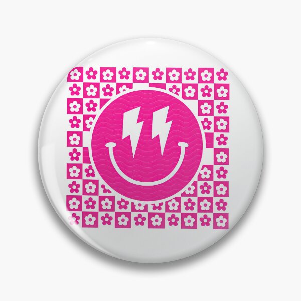 Artikelvorschau, Elektrisches Smiley-Gesicht – Retro Pinkes Blitzgrinsen mit Schachbrettblumen entworfen und verkauft von ArtfulWeave.