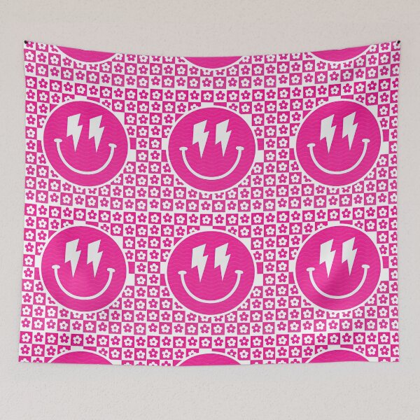 Item preview, Electric Smiley Face – Retro Pink Lightning Grin with Checkerboard Flowers designed and sold by ArtfulWeave.
