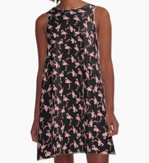 Pink Flamingos on Black Background A-Line Dress