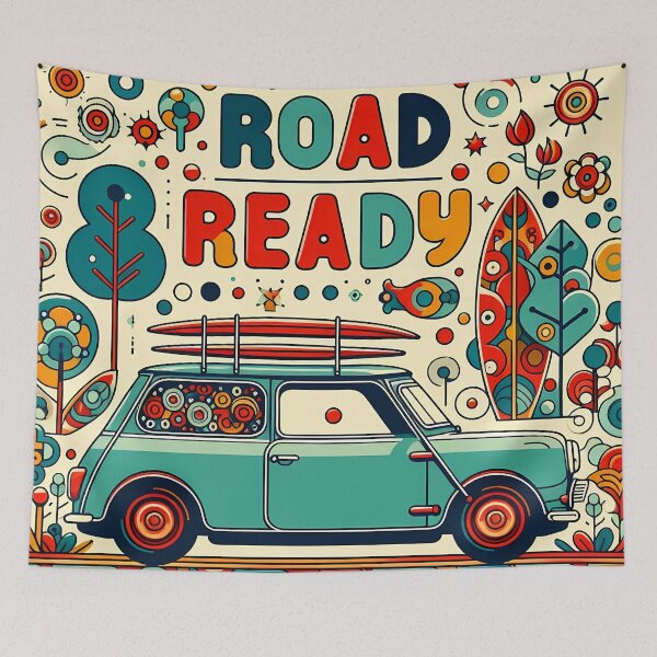 Item preview, Road Ready Classic Car Whimsical Road Trip - Scandinavian Folk Art by heidiannemorris © designed and sold by FOLK ART FUSION by heidiannemorris.