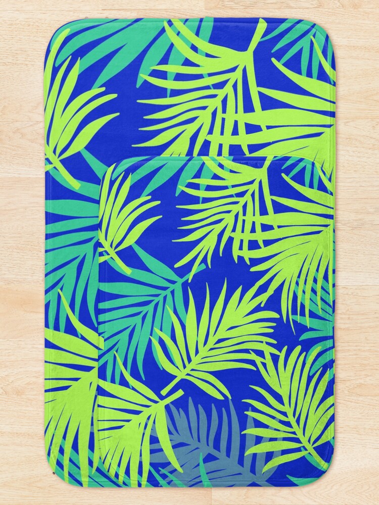Thumbnail 5 of 6, Bath Mat, Tropical Pattern | Blue & Green Palm Leaf designed and sold by slavitriart.