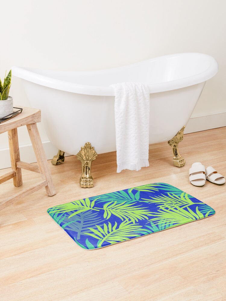 Thumbnail 2 of 6, Bath Mat, Tropical Pattern | Blue & Green Palm Leaf designed and sold by slavitriart.