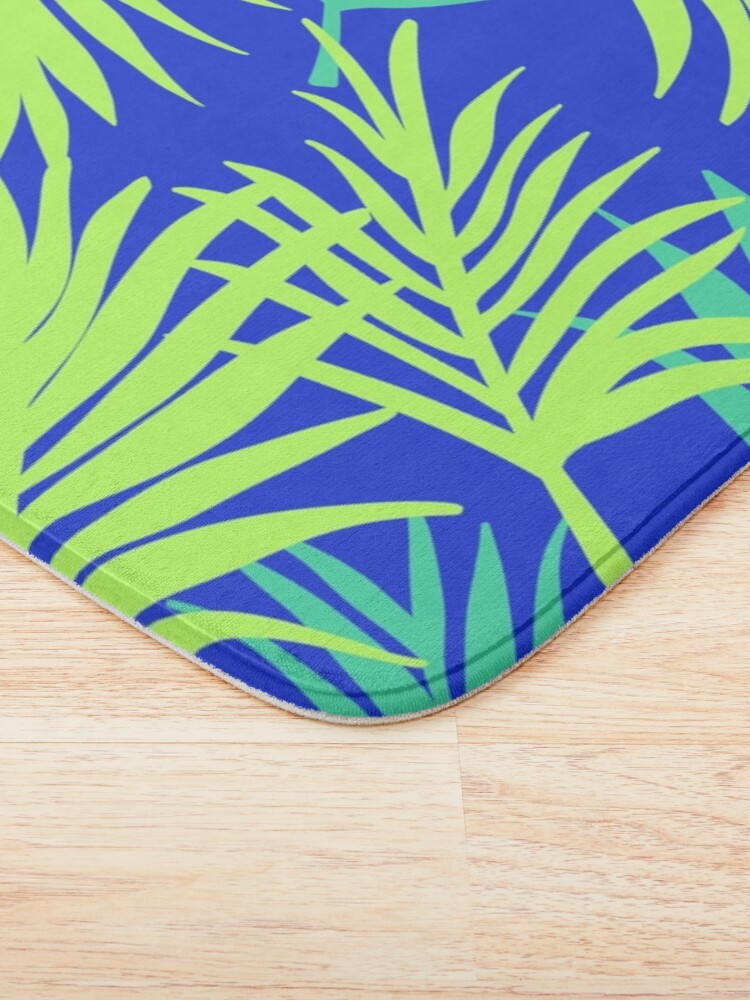 Thumbnail 3 of 6, Bath Mat, Tropical Pattern | Blue & Green Palm Leaf designed and sold by slavitriart.