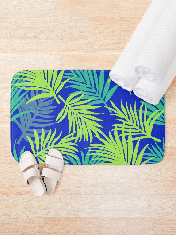 Thumbnail 1 of 6, Bath Mat, Tropical Pattern | Blue & Green Palm Leaf designed and sold by slavitriart.