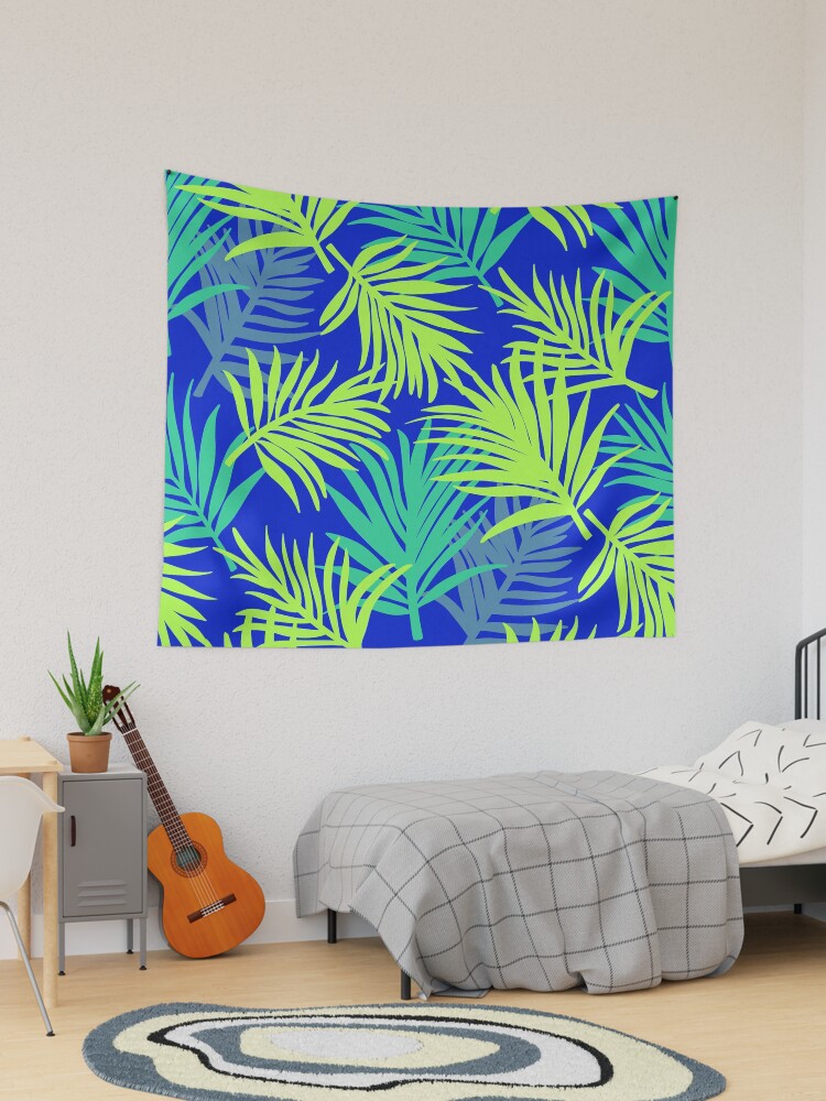 Thumbnail 1 of 3, Tapestry, Tropical Pattern | Blue & Green Palm Leaf designed and sold by slavitriart.