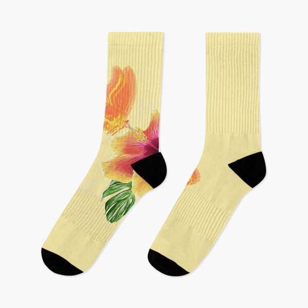 Item preview, tropical flower-orange and yellow hibiscus,monstera palm and dreamy butterflies design  designed and sold by deeplistic.