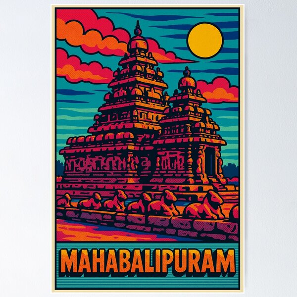Item preview, Digital Retro Pop Art Travel Poster of Mahabalipuram | Colorful Indian Heritage Art | Vintage Style Beach and Temple Design | Iconic Tamil Nadu Landmark Illustration designed and sold by PaintedPixels01.