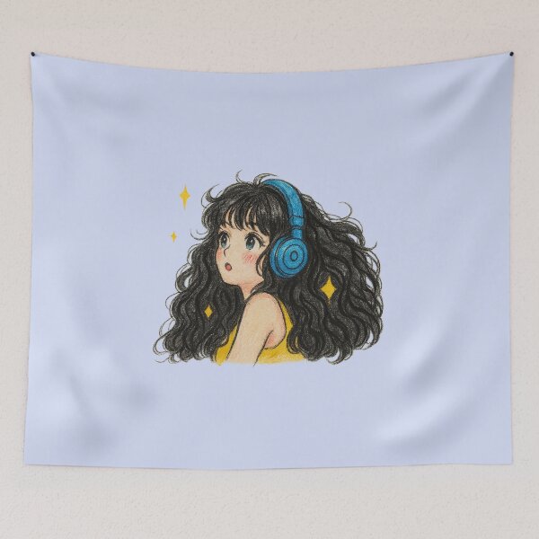 Item preview, Kawaii Curly-Haired Girl with Headphones designed and sold by HerSteps.