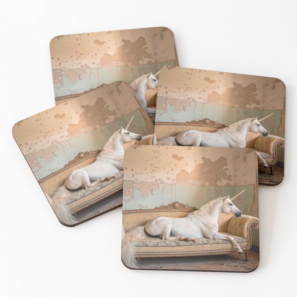 Item preview, a unicorn lying on an old vintage sofa designed and sold by elkuni.