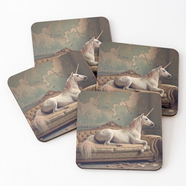 Item preview, a unicorn lying on an old vintage sofa designed and sold by elkuni.