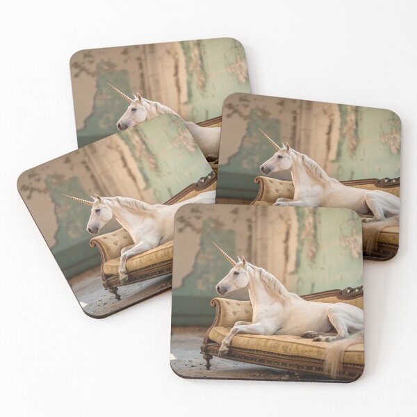 Item preview, a unicorn lying on an old vintage sofa designed and sold by elkuni.