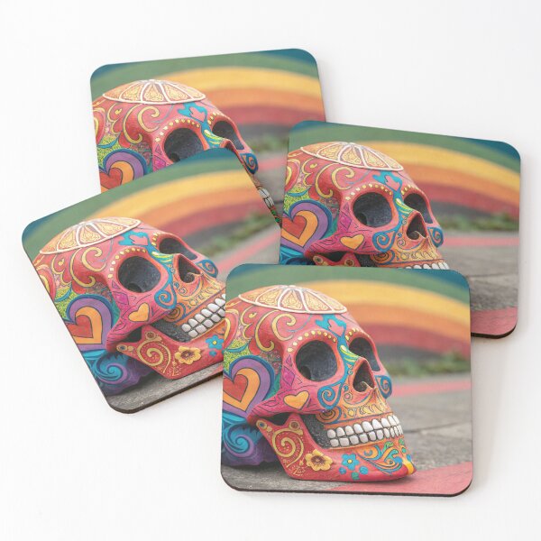 Item preview, A vibrant, rainbow-colored sugar skull with intricate patterns designed and sold by elkuni.