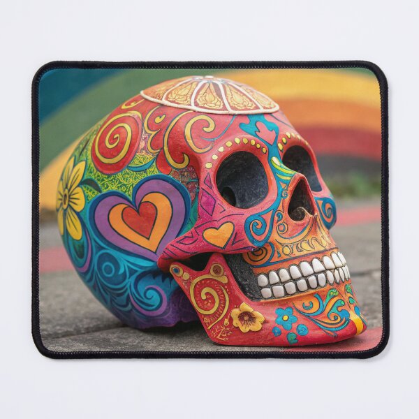 Item preview, A vibrant, rainbow-colored sugar skull with intricate patterns designed and sold by elkuni.