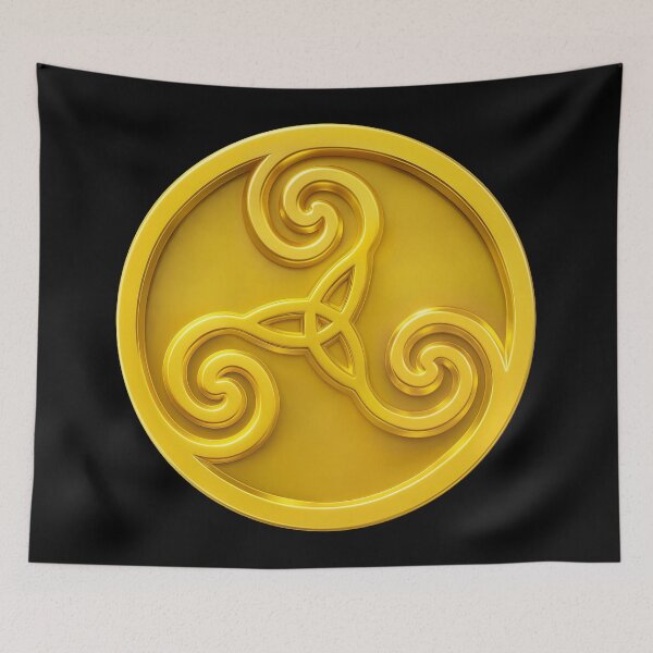 Item preview, Golden Celtic triskele with glowing spirals on black background. designed and sold by mirrorimages.