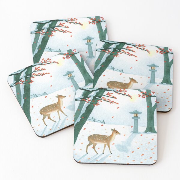 Item preview, A gentle sika deer walking under red maple trees near a quiet Kyoto shrine designed and sold by CloudReverie.