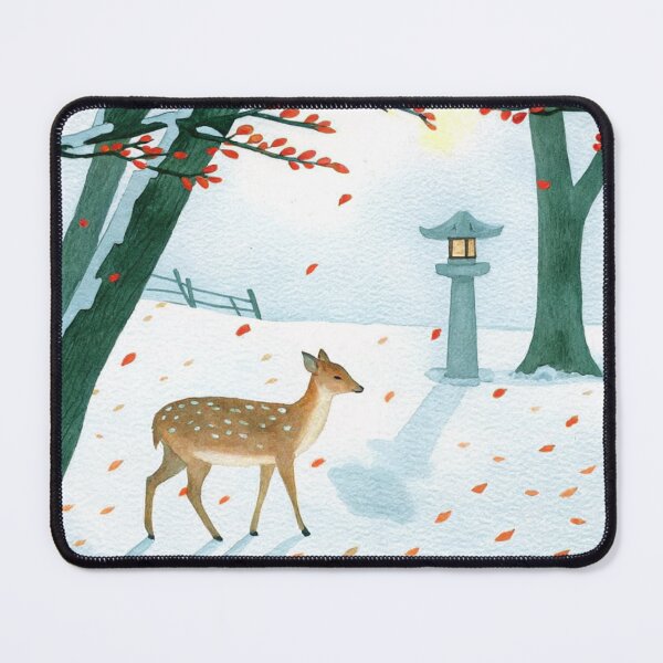 Item preview, A gentle sika deer walking under red maple trees near a quiet Kyoto shrine designed and sold by CloudReverie.