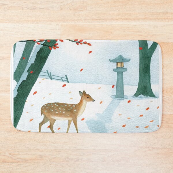Item preview, A gentle sika deer walking under red maple trees near a quiet Kyoto shrine designed and sold by CloudReverie.