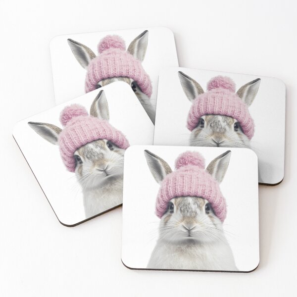 Item preview, Cozy Snowshoe Hare Wearing Pink Winter Hat Trendy Animal Fashion Artwork designed and sold by LazyOwlStore.