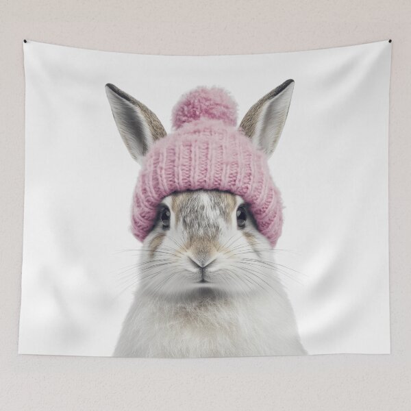 Item preview, Cozy Snowshoe Hare Wearing Pink Winter Hat Trendy Animal Fashion Artwork designed and sold by LazyOwlStore.