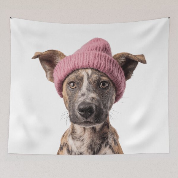 Item preview, Cozy Wild Dog Wearing Pink Winter Hat Trendy Animal Fashion Artwork designed and sold by LazyOwlStore.