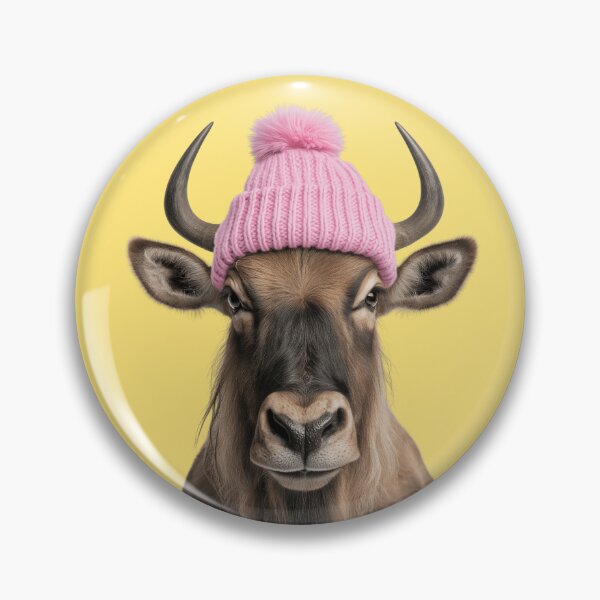 Item preview, Cozy Wildebeest Wearing Pink Winter Hat Trendy Animal Fashion Artwork designed and sold by LazyOwlStore.