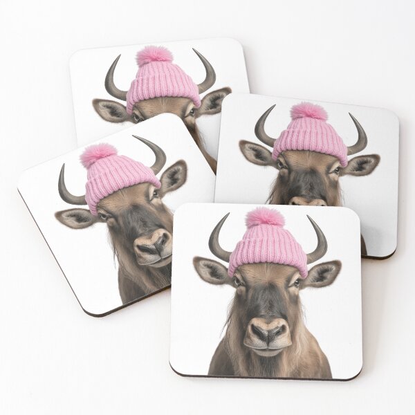 Item preview, Cozy Wildebeest Wearing Pink Winter Hat Trendy Animal Fashion Artwork designed and sold by LazyOwlStore.