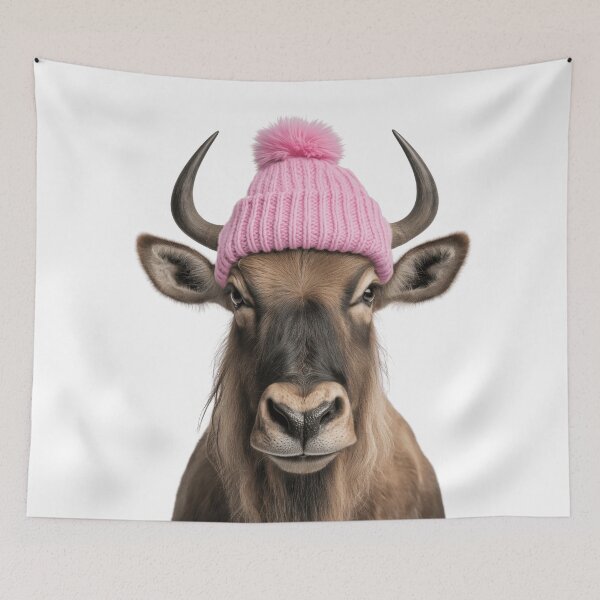 Item preview, Cozy Wildebeest Wearing Pink Winter Hat Trendy Animal Fashion Artwork designed and sold by LazyOwlStore.