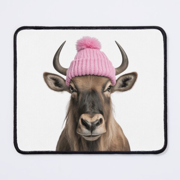 Item preview, Cozy Wildebeest Wearing Pink Winter Hat Trendy Animal Fashion Artwork designed and sold by LazyOwlStore.