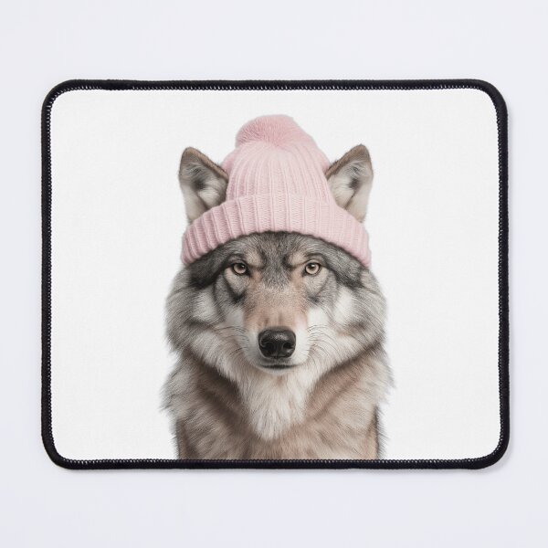 Item preview, Cozy Wolf Wearing Pink Winter Hat Trendy Animal Fashion Artwork designed and sold by LazyOwlStore.