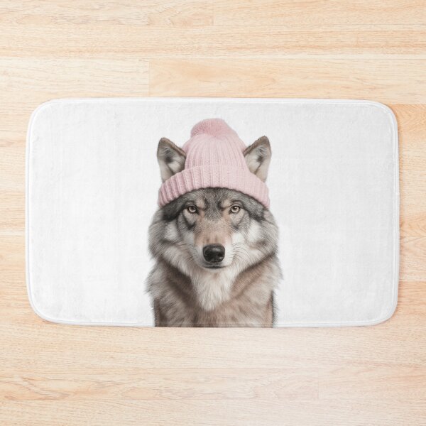Item preview, Cozy Wolf Wearing Pink Winter Hat Trendy Animal Fashion Artwork designed and sold by LazyOwlStore.