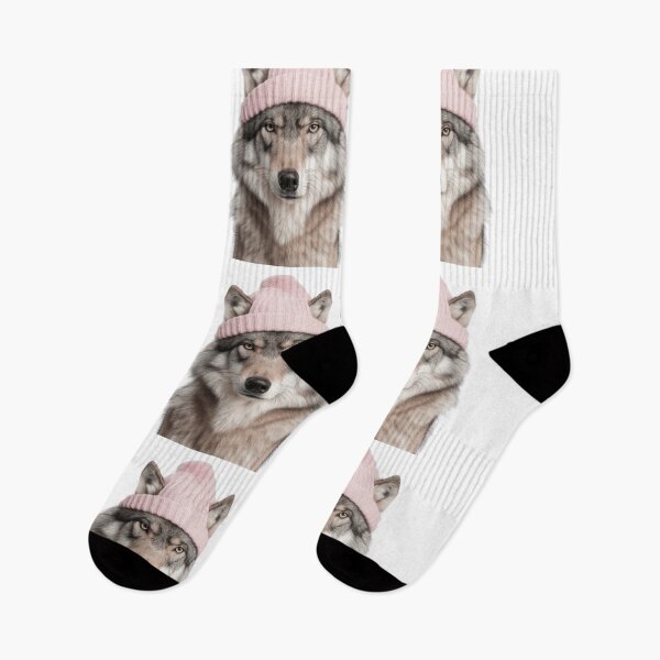 Item preview, Cozy Wolf Wearing Pink Winter Hat Trendy Animal Fashion Artwork designed and sold by LazyOwlStore.