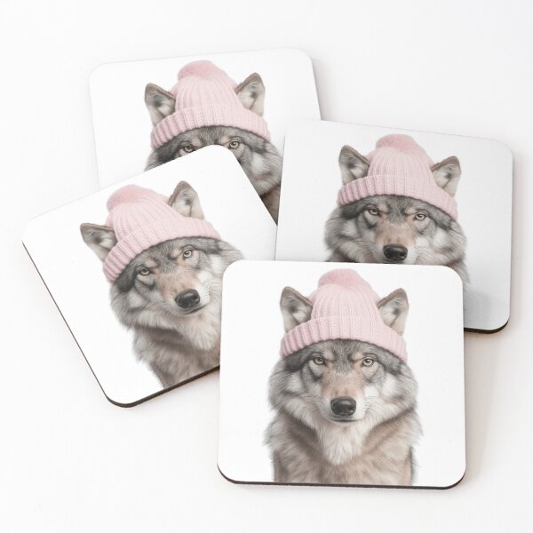 Item preview, Cozy Wolf Wearing Pink Winter Hat Trendy Animal Fashion Artwork designed and sold by LazyOwlStore.