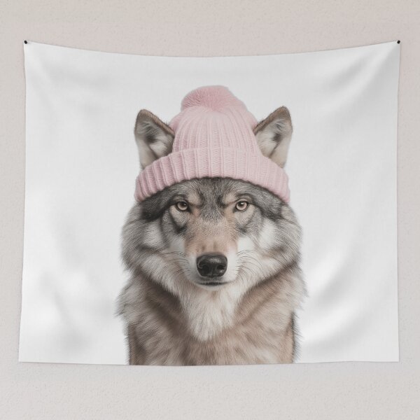 Item preview, Cozy Wolf Wearing Pink Winter Hat Trendy Animal Fashion Artwork designed and sold by LazyOwlStore.