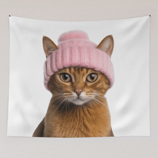 Item preview, Cozy Abyssinian Cat Wearing Pink Winter Hat Trendy Animal Fashion Artwork designed and sold by LazyOwlStore.