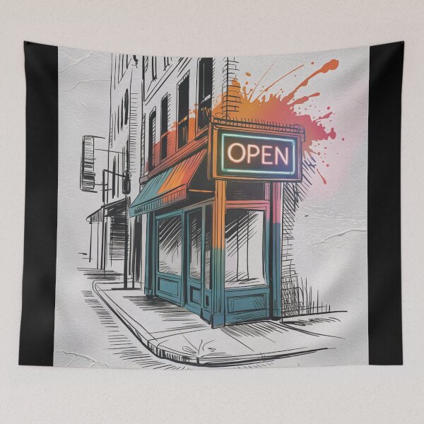 Item preview, Open for Business - Urban Shop Sketch designed and sold by ShadowAndSlate.