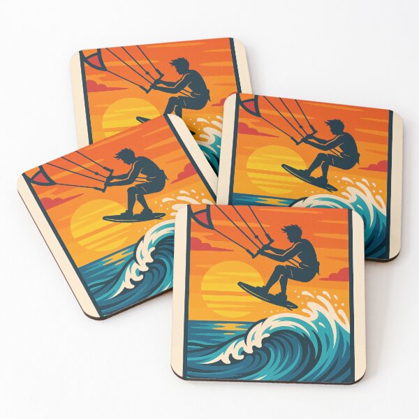 Item preview, Kite surfer catching air above a giant ocean wave with the sun setting in the background, bold vector style, vivid summer colors designed and sold by Retram.