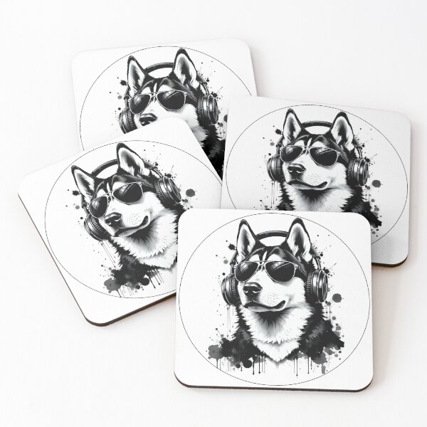 Item preview, Siberian Husky Cool Dog with Headphones and Sunglasses - Cute Pets Black and white ink style fluid drips splashes designed and sold by LumiAnCreations.