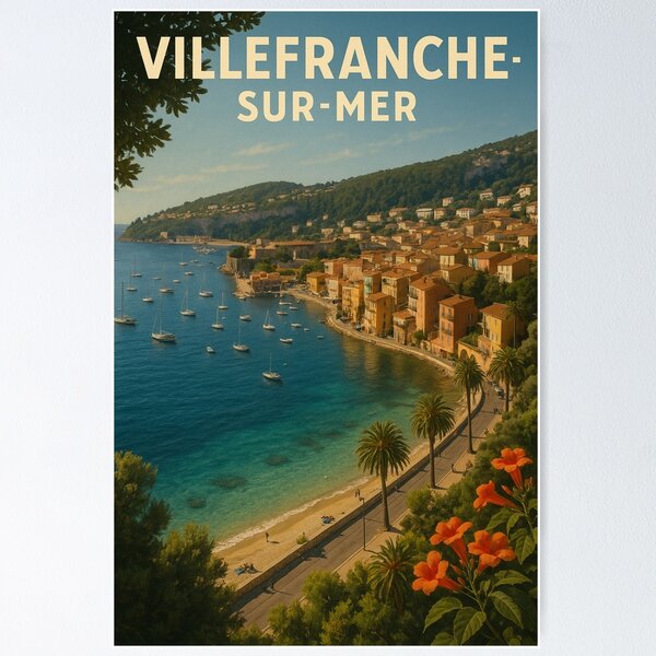 Artikel-Vorschau von Blick auf die Bucht von Villefranche-sur-Mer mit Palmen und Riviera-Küste, designt und verkauft von Places On Earth.