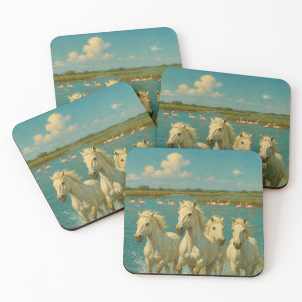 Item preview, White Camargue Horses Galloping through Wetlands with Flamingos designed and sold by Places On Earth.