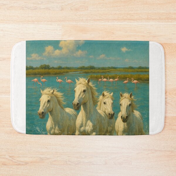 Item preview, White Camargue Horses Galloping through Wetlands with Flamingos designed and sold by Places On Earth.