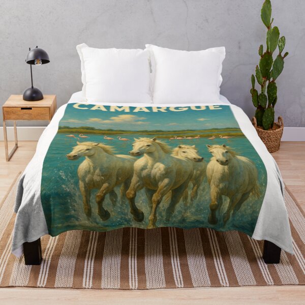 Item preview, White Camargue Horses Galloping through Wetlands with Flamingos designed and sold by Places On Earth.