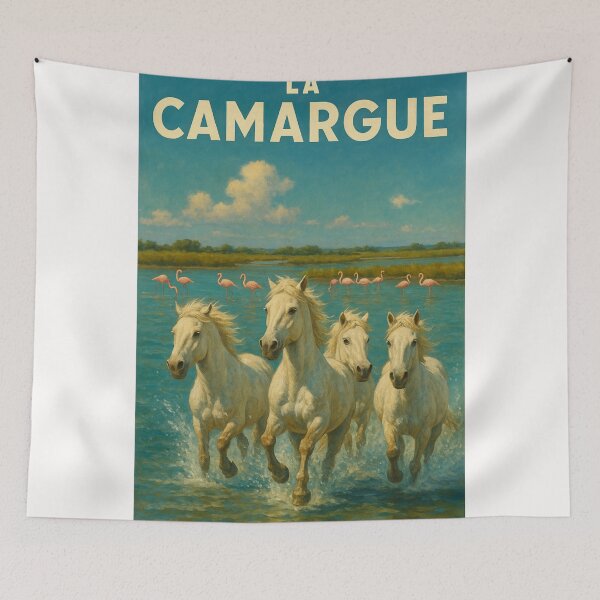 Item preview, White Camargue Horses Galloping through Wetlands with Flamingos designed and sold by Places On Earth.