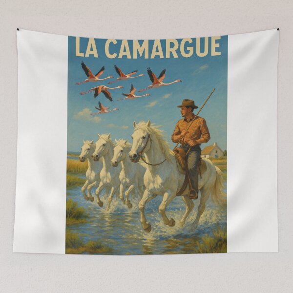 Item preview, Camargue Horseman and White Horses under Flying Flamingos designed and sold by Places On Earth.