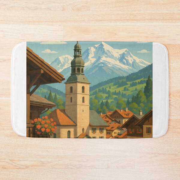 Item preview, Megève Alpine Town with Church Tower and Mont Blanc Backdrop designed and sold by Places On Earth.