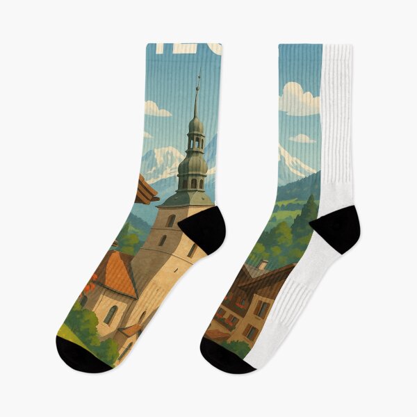 Item preview, Megève Alpine Town with Church Tower and Mont Blanc Backdrop designed and sold by Places On Earth.