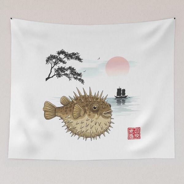 Item preview, Spiky Puffer Fish Art - Moonlit Samurai Sumi-e Style designed and sold by k3rstman1.