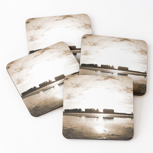 Item preview, Sunlit Beachfront View with Reflections and Skyscraper Silhouettes in sepia designed and sold by FotoMahieu.