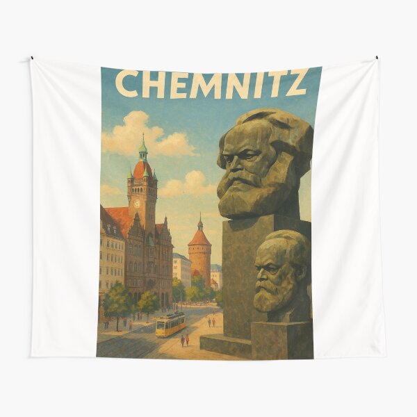 Artikel-Vorschau von Chemnitzer Straßenszene mit Karl-Marx-Büste und historischen Türmen, designt und verkauft von Places On Earth.